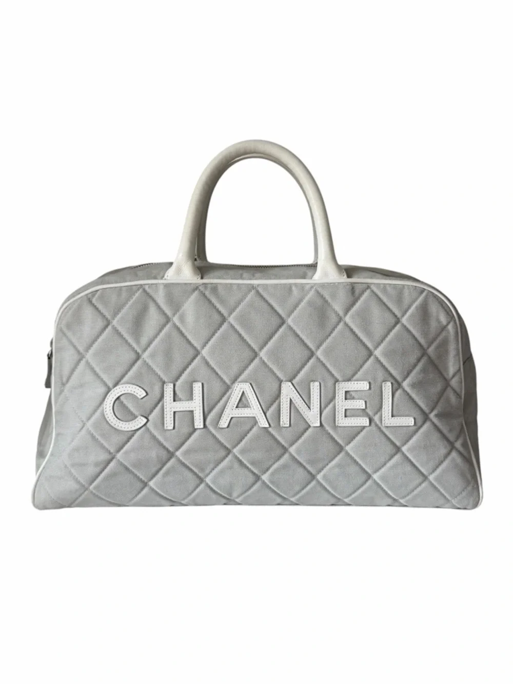 Chanel Sports Line Quilted Logo Bowler Bag Grey Canvas White Leather Trim